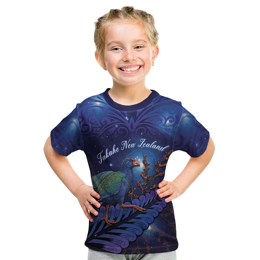 Takahe New Zealand Personalised Kid T Shirt Harakeke Silver Fern Maori Pattern LT22 Blue - Polynesian Pride