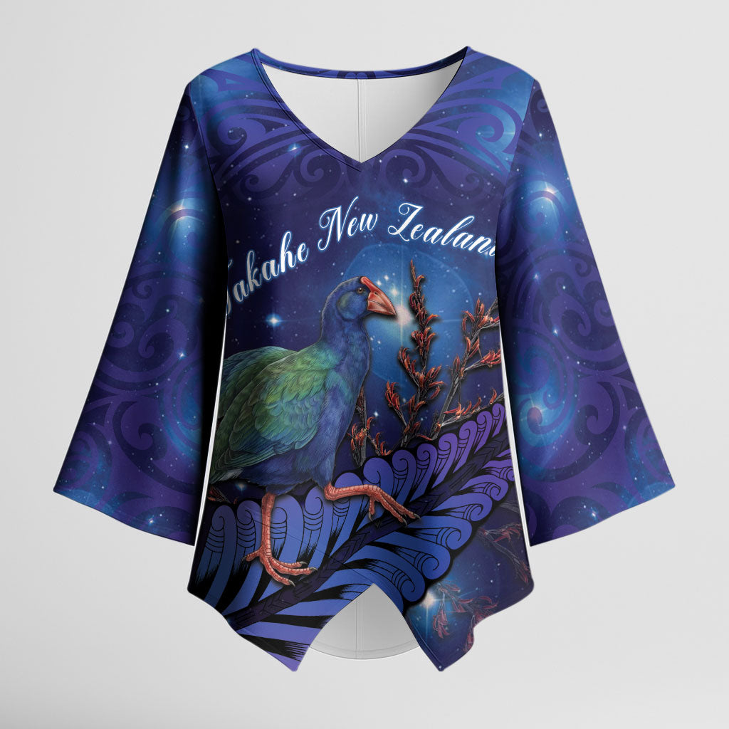 Takahe New Zealand Personalised Kimono Sleeve Blouse Harakeke Silver Fern Maori Pattern LT22 Female Blue - Polynesian Pride