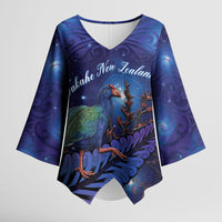 Takahe New Zealand Personalised Kimono Sleeve Blouse Harakeke Silver Fern Maori Pattern LT22 Female Blue - Polynesian Pride