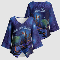 Takahe New Zealand Personalised Kimono Sleeve Blouse Harakeke Silver Fern Maori Pattern LT22 - Polynesian Pride