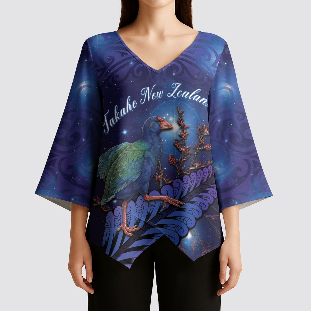 Takahe New Zealand Personalised Kimono Sleeve Blouse Harakeke Silver Fern Maori Pattern LT22 - Polynesian Pride