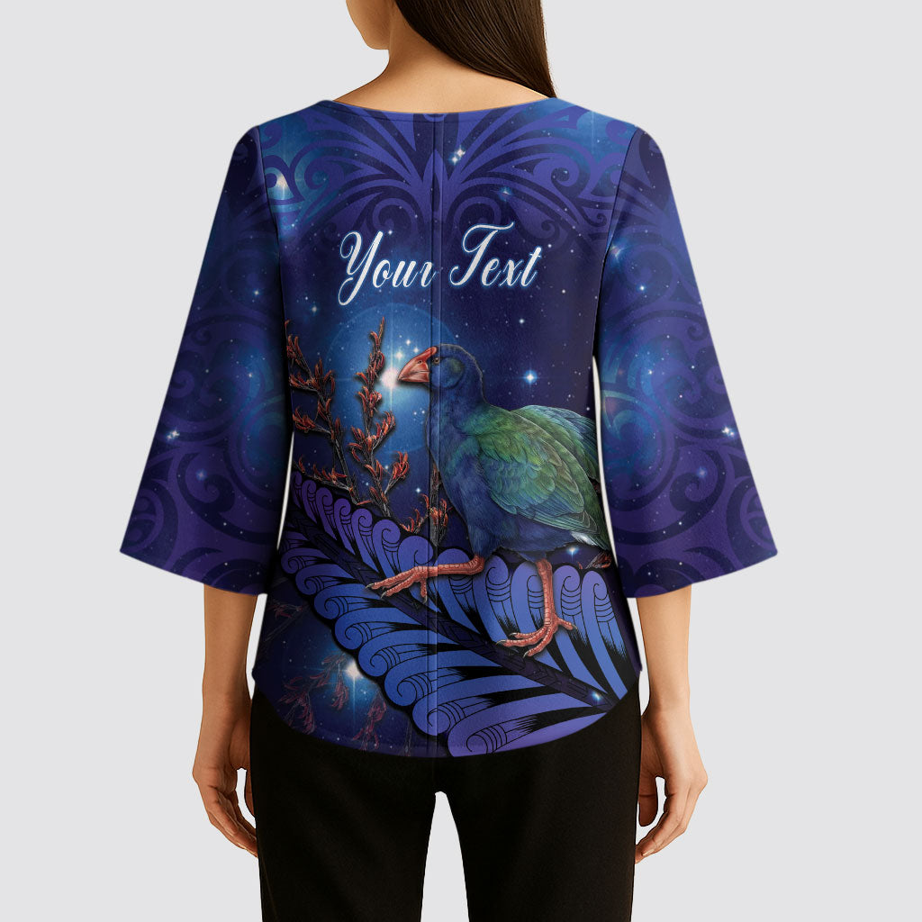Takahe New Zealand Personalised Kimono Sleeve Blouse Harakeke Silver Fern Maori Pattern LT22 - Polynesian Pride