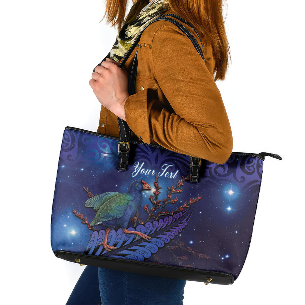 Takahe New Zealand Personalised Leather Tote Bag Harakeke Silver Fern Maori Pattern LT22 Blue - Polynesian Pride
