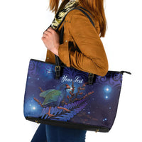 Takahe New Zealand Personalised Leather Tote Bag Harakeke Silver Fern Maori Pattern LT22 Blue - Polynesian Pride