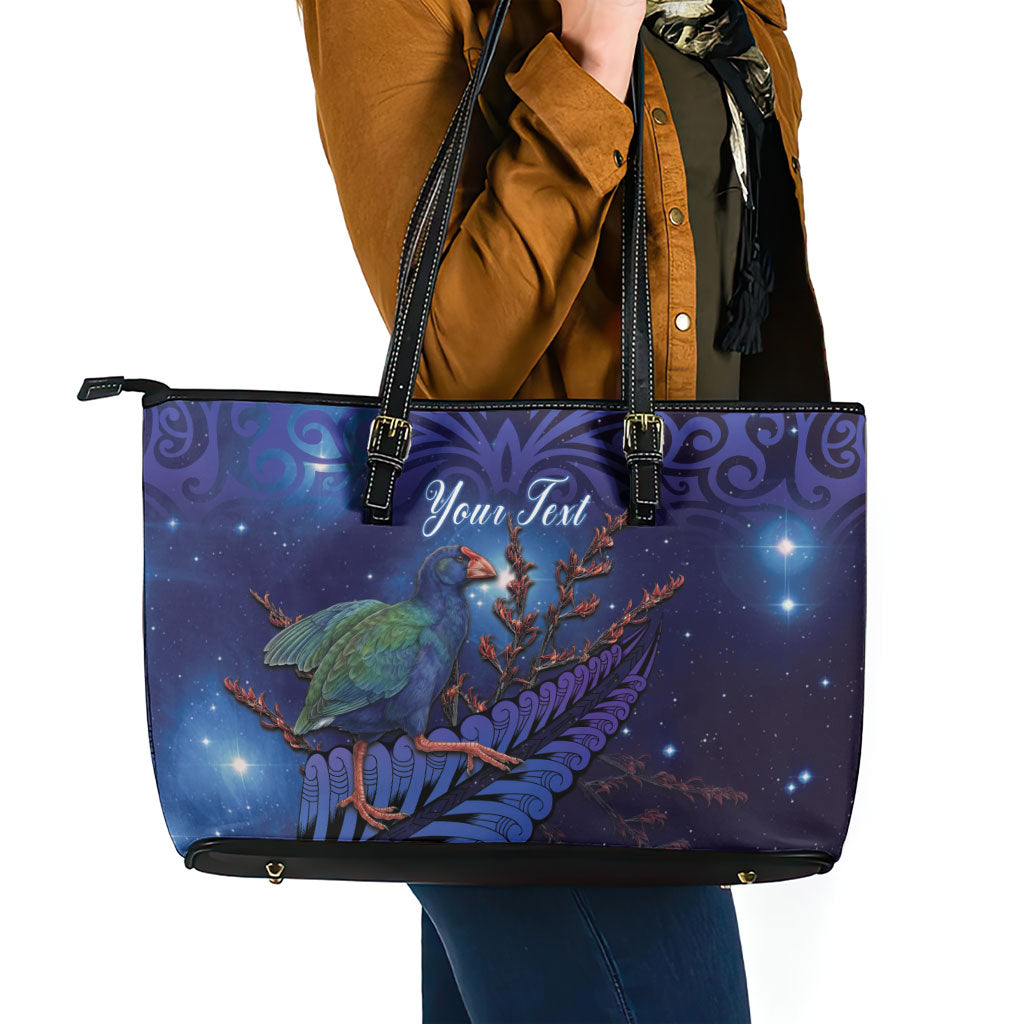 Takahe New Zealand Personalised Leather Tote Bag Harakeke Silver Fern Maori Pattern LT22 - Polynesian Pride