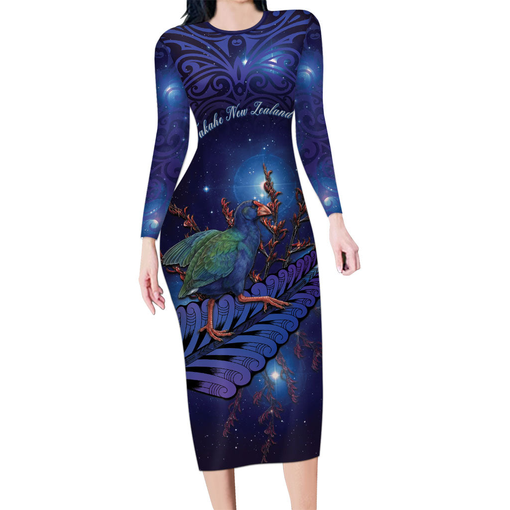 Takahe New Zealand Personalised Long Sleeve Bodycon Dress Harakeke Silver Fern Maori Pattern LT22 Long Dress Blue - Polynesian Pride