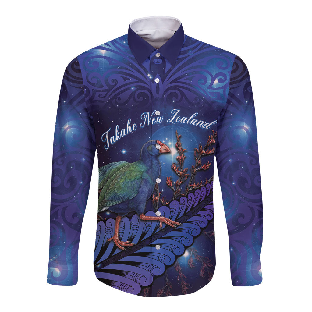 Takahe New Zealand Personalised Long Sleeve Button Shirt Harakeke Silver Fern Maori Pattern LT22 Unisex Blue - Polynesian Pride