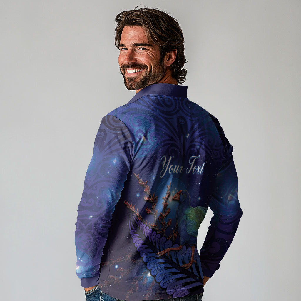 Takahe New Zealand Personalised Long Sleeve Polo Shirt Harakeke Silver Fern Maori Pattern LT22 - Polynesian Pride