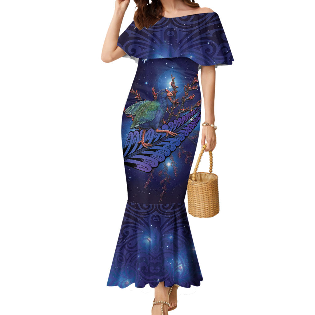 Takahe New Zealand Personalised Mermaid Dress Harakeke Silver Fern Maori Pattern LT22 Women Blue - Polynesian Pride