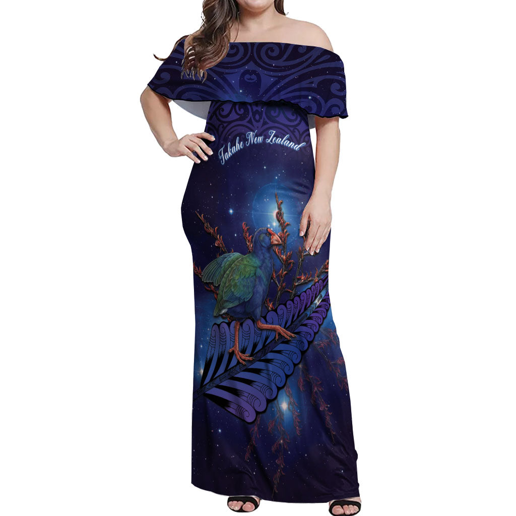 Takahe New Zealand Personalised Off Shoulder Maxi Dress Harakeke Silver Fern Maori Pattern LT22 Women Blue - Polynesian Pride