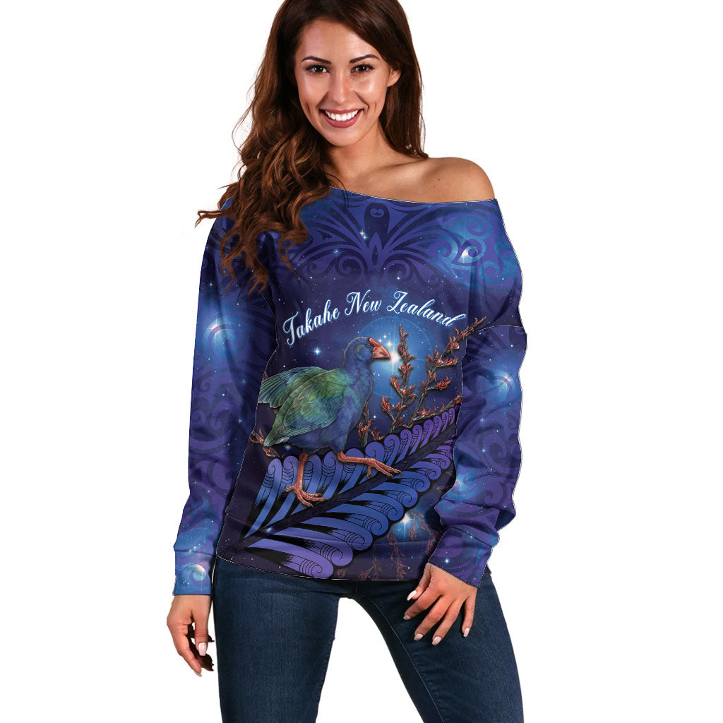 Takahe New Zealand Personalised Off Shoulder Sweater Harakeke Silver Fern Maori Pattern LT22 Women Blue - Polynesian Pride