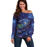 Takahe New Zealand Personalised Off Shoulder Sweater Harakeke Silver Fern Maori Pattern LT22 Women Blue - Polynesian Pride