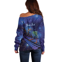 Takahe New Zealand Personalised Off Shoulder Sweater Harakeke Silver Fern Maori Pattern LT22 - Polynesian Pride