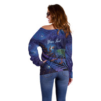 Takahe New Zealand Personalised Off Shoulder Sweater Harakeke Silver Fern Maori Pattern LT22 - Polynesian Pride