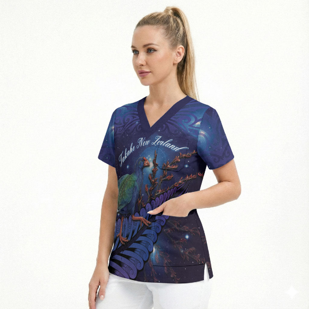 Takahe New Zealand Personalised Scrub Top Harakeke Silver Fern Maori Pattern LT22 - Polynesian Pride