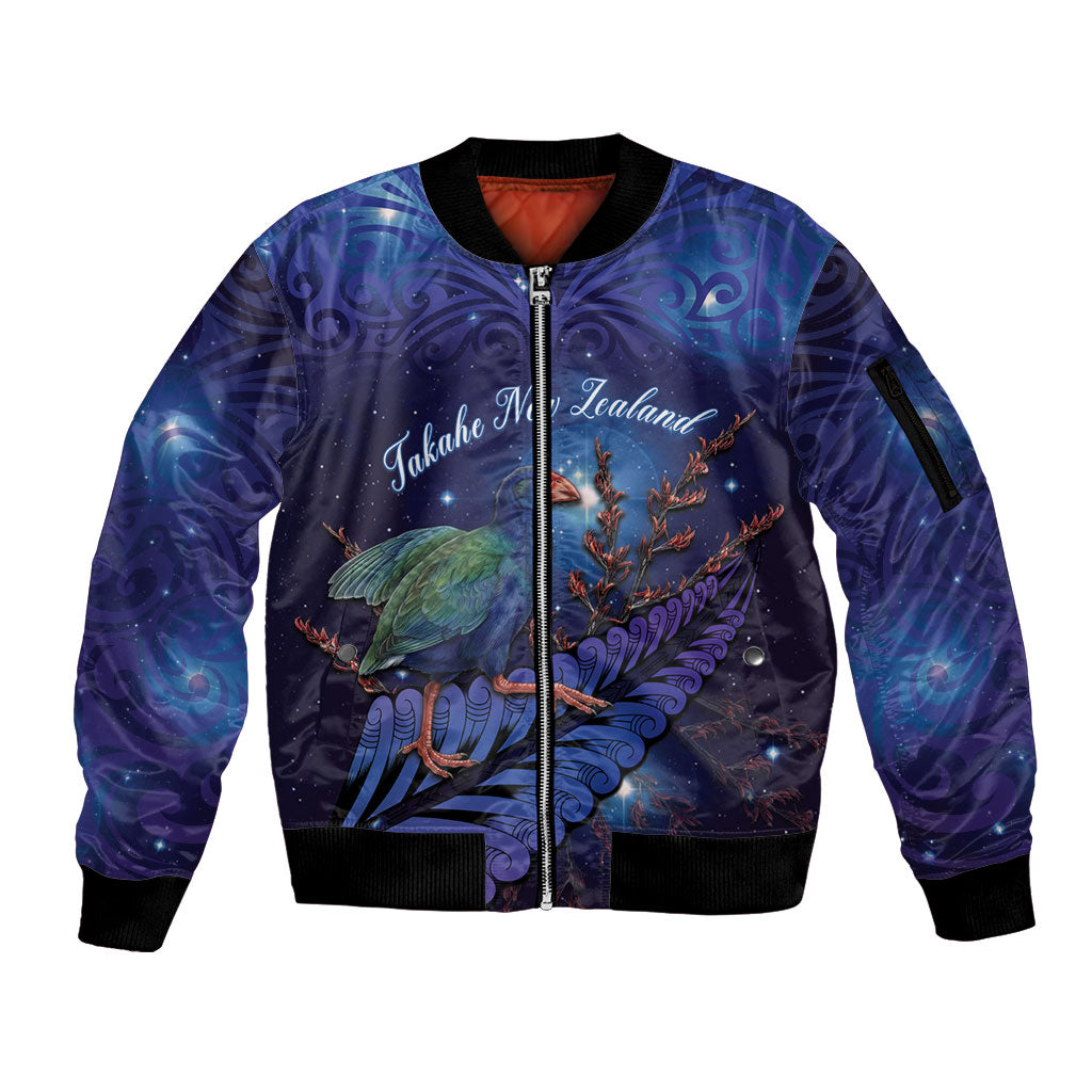 Takahe New Zealand Personalised Sleeve Zip Bomber Jacket Harakeke Silver Fern Maori Pattern LT22 Unisex Blue - Polynesian Pride