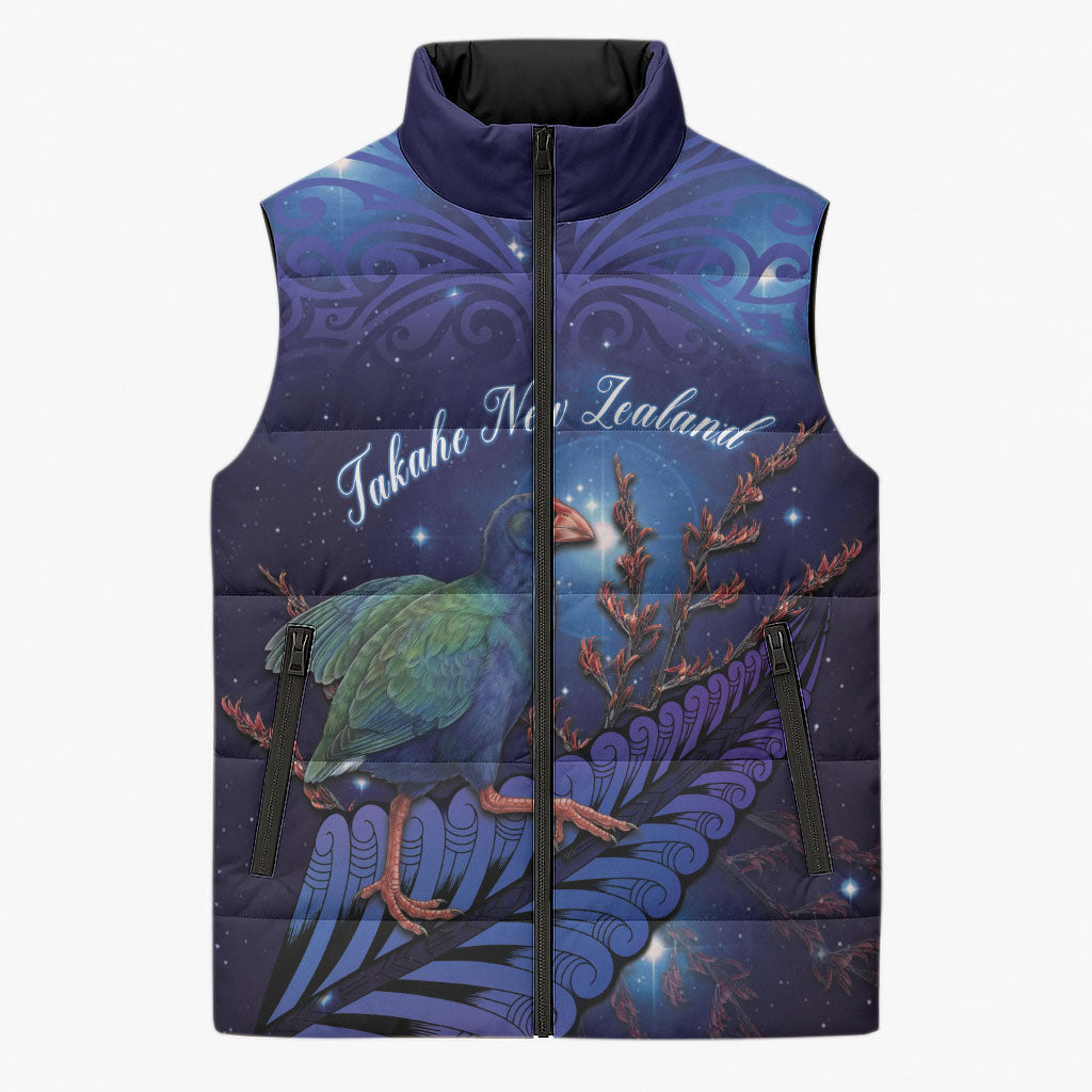 Takahe New Zealand Personalised Sleeveless Puffer Jacket Harakeke Silver Fern Maori Pattern