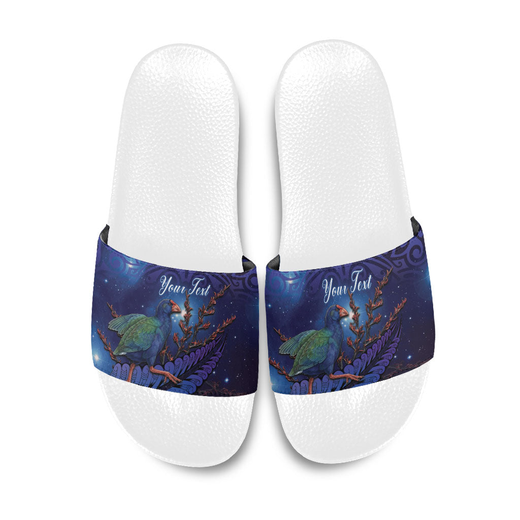 Takahe New Zealand Personalised Slide Sandals Harakeke Silver Fern Maori Pattern LT22 Blue - Polynesian Pride