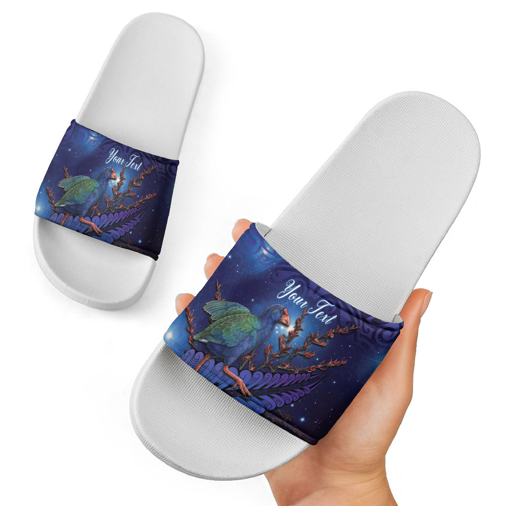 Takahe New Zealand Personalised Slide Sandals Harakeke Silver Fern Maori Pattern LT22 - Polynesian Pride