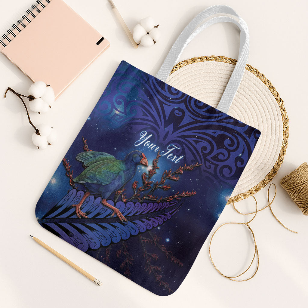 Takahe New Zealand Personalised Tote Bag Harakeke Silver Fern Maori Pattern LT22 White Strap One Size Blue - Polynesian Pride