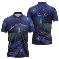 Takahe New Zealand Personalised Zipper Polo Shirt Harakeke Silver Fern Maori Pattern