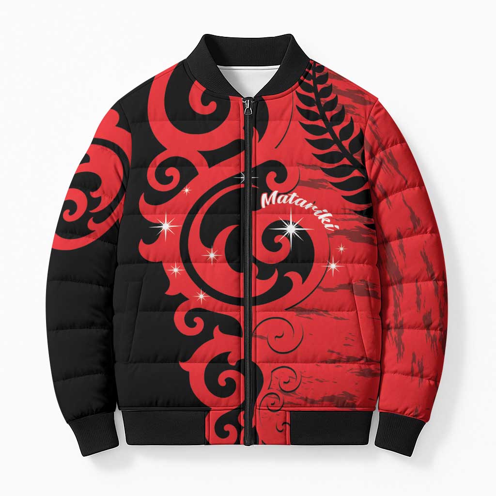 New Zealand Matariki Bomber Puffer Jacket Maori New Year Koru Pattern LT22 Unisex Red - Polynesian Pride