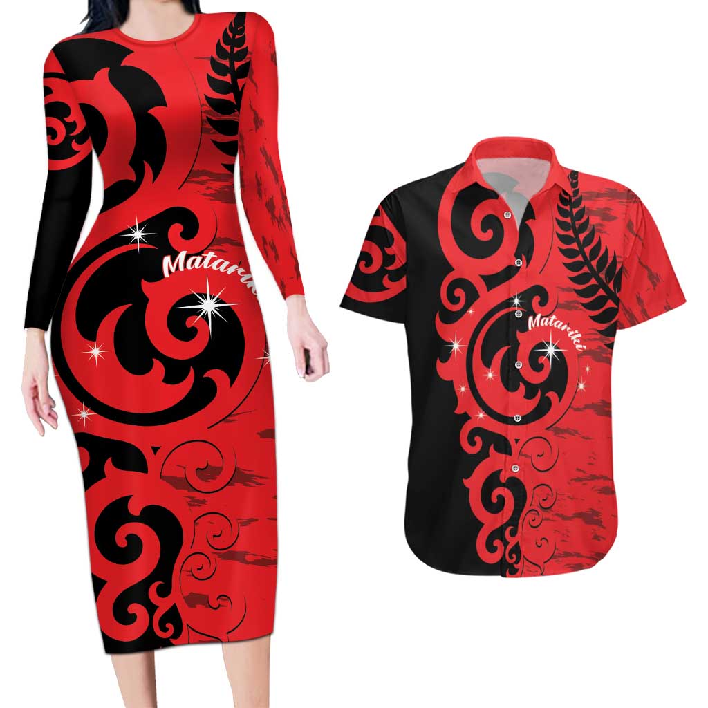 New Zealand Matariki Couples Matching Long Sleeve Bodycon Dress and Hawaiian Shirt Maori New Year Koru Pattern