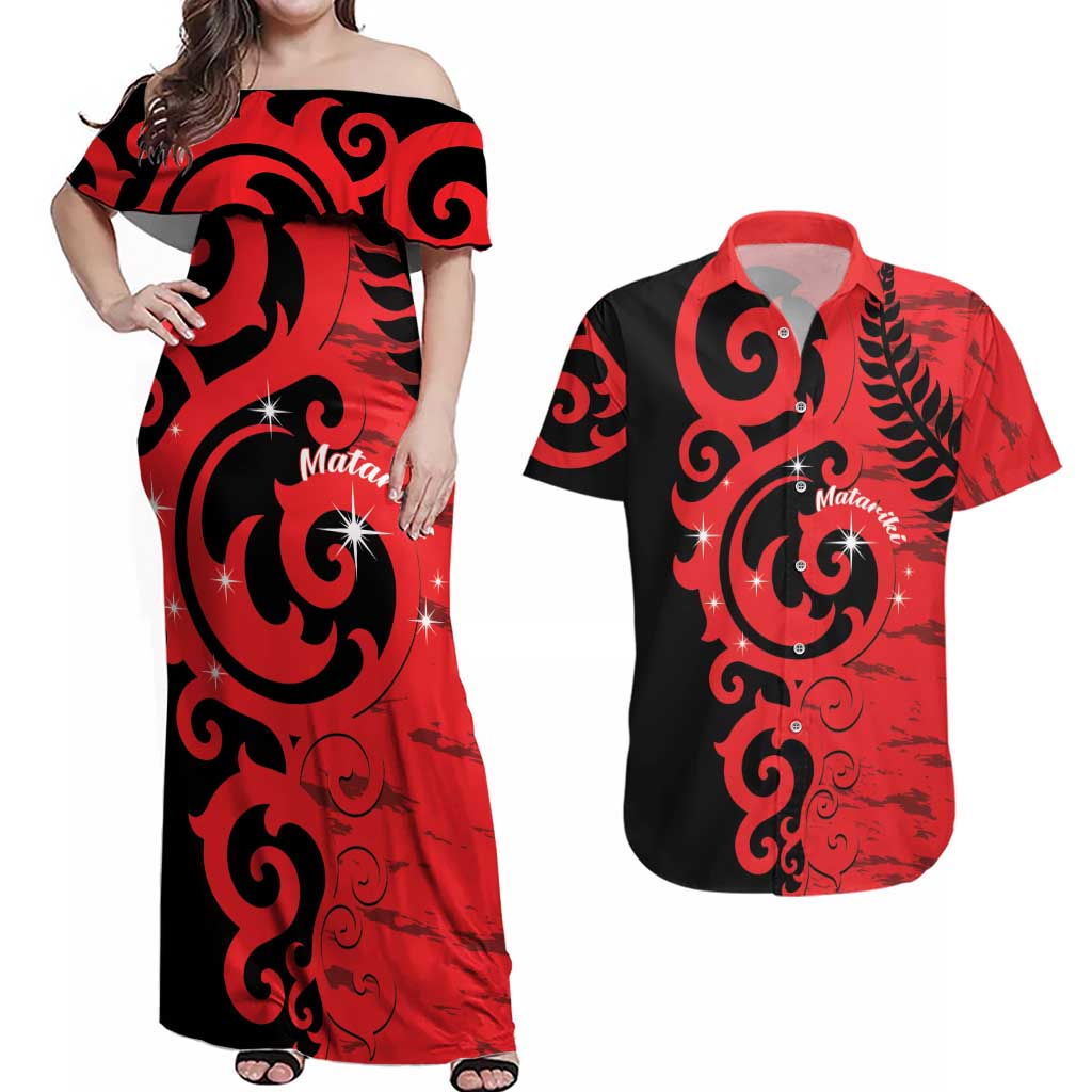 New Zealand Matariki Couples Matching Off Shoulder Maxi Dress and Hawaiian Shirt Maori New Year Koru Pattern LT22 Red - Polynesian Pride