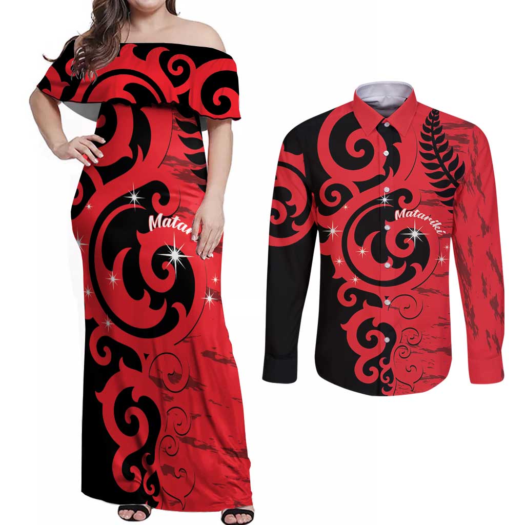 New Zealand Matariki Couples Matching Off Shoulder Maxi Dress and Long Sleeve Button Shirt Maori New Year Koru Pattern LT22 Red - Polynesian Pride
