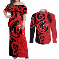 New Zealand Matariki Couples Matching Off Shoulder Maxi Dress and Long Sleeve Button Shirt Maori New Year Koru Pattern LT22 Red - Polynesian Pride