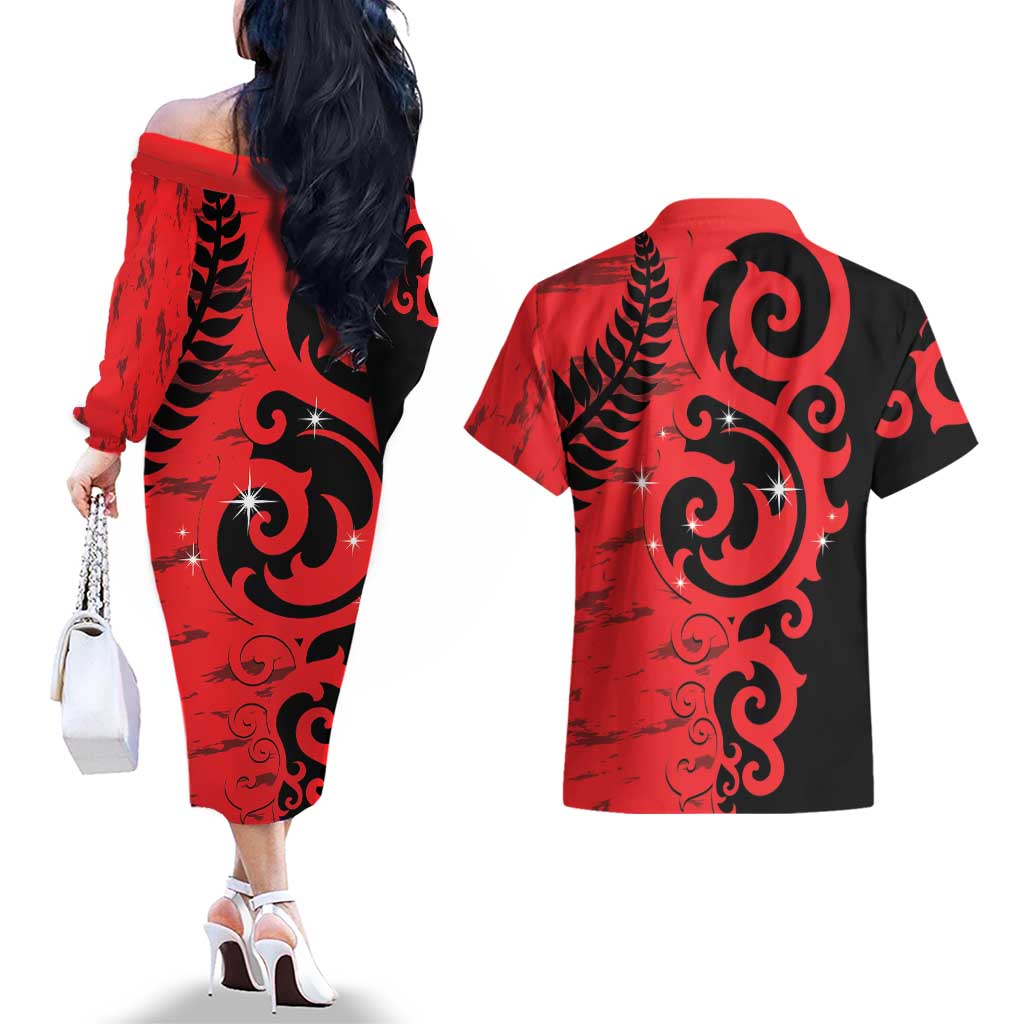 New Zealand Matariki Couples Matching Off The Shoulder Long Sleeve Dress and Hawaiian Shirt Maori New Year Koru Pattern