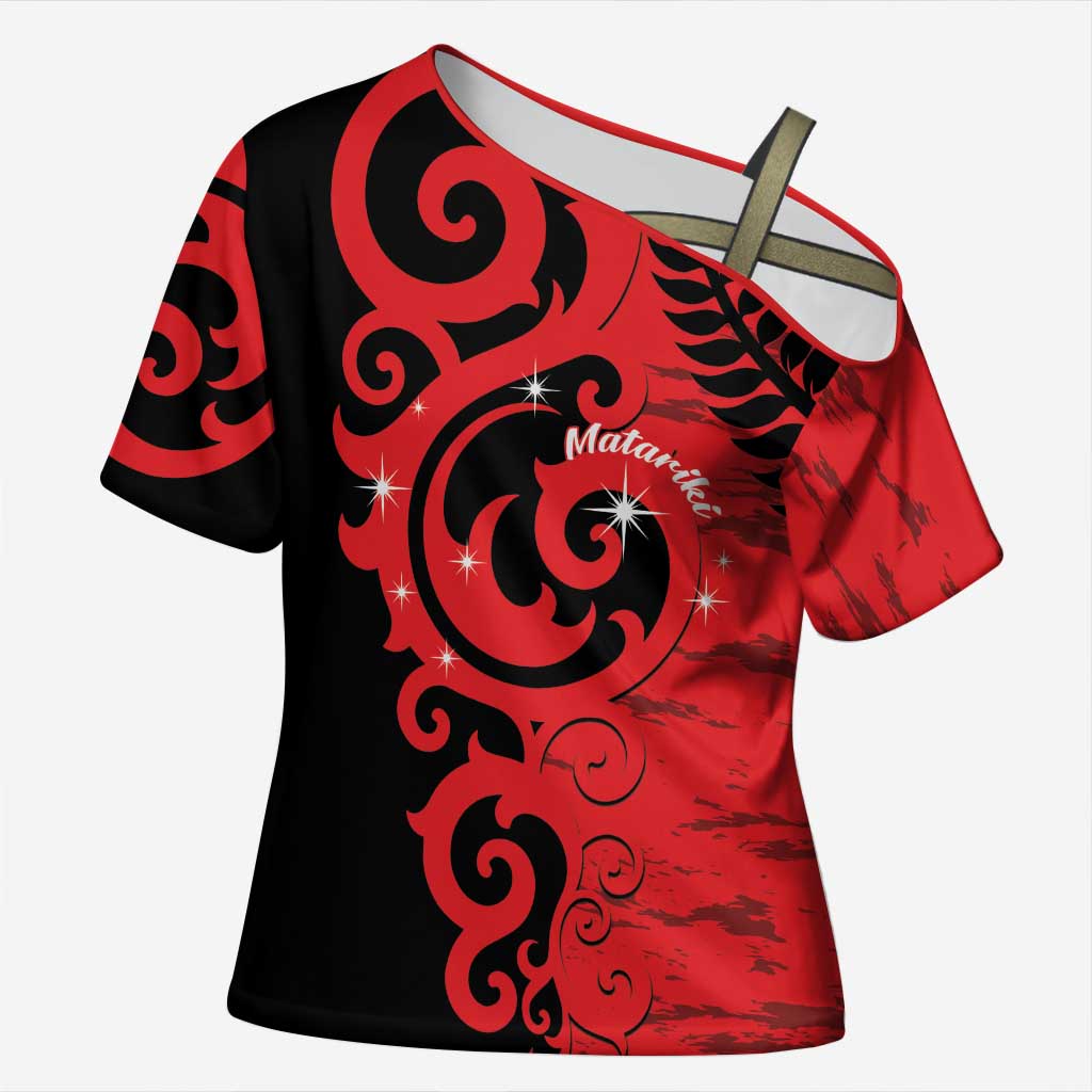 New Zealand Matariki Cross Shoulder Shirt Maori New Year Koru Pattern LT22 Female Red - Polynesian Pride