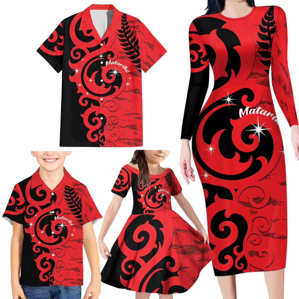 New Zealand Matariki Family Matching Long Sleeve Bodycon Dress and Hawaiian Shirt Maori New Year Koru Pattern LT22 - Polynesian Pride