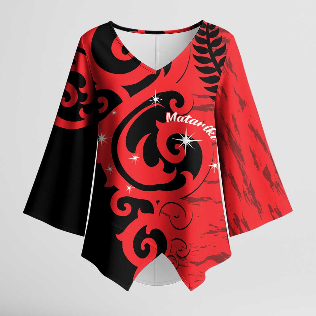 New Zealand Matariki Kimono Sleeve Blouse Maori New Year Koru Pattern LT22 Female Red - Polynesian Pride