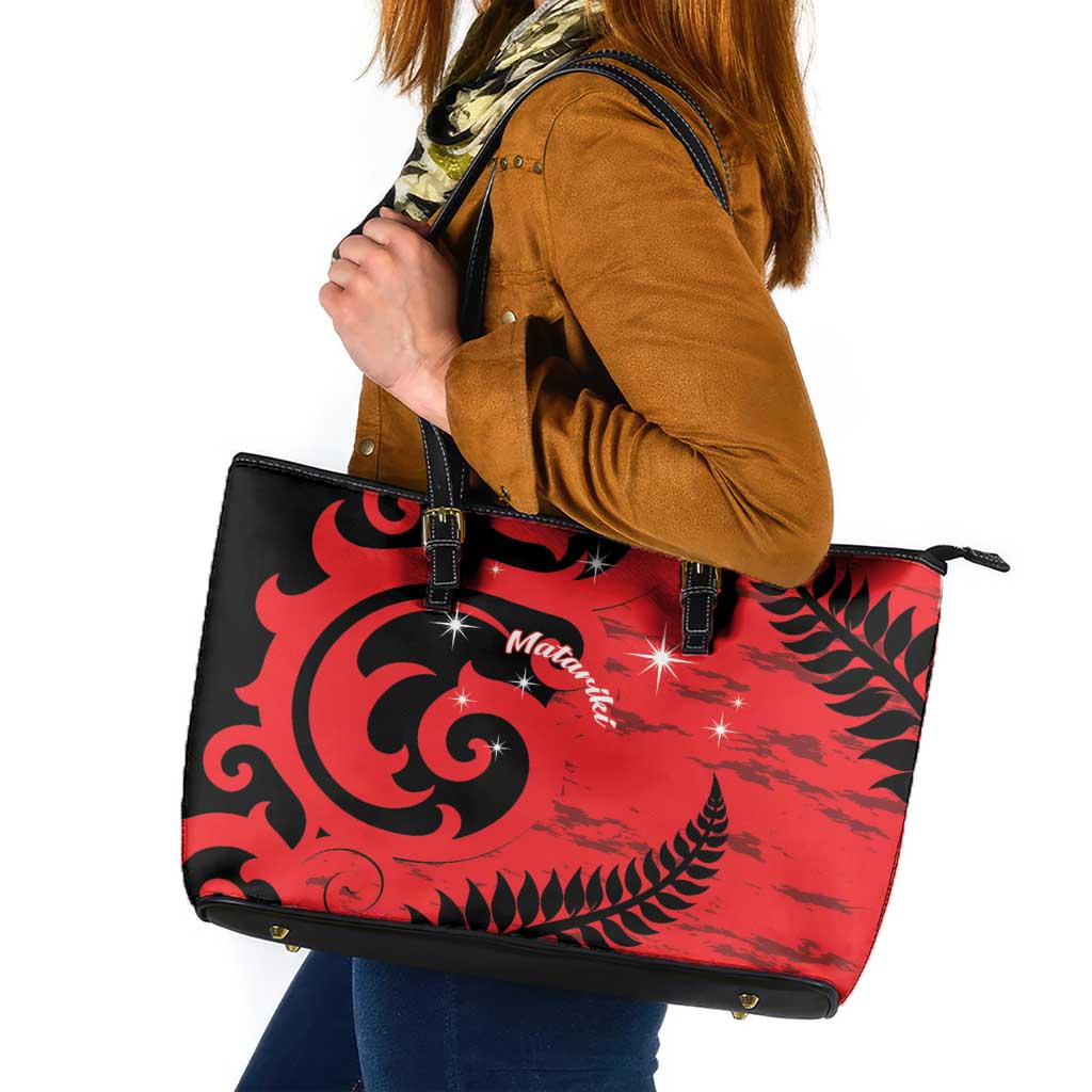 New Zealand Matariki Leather Tote Bag Maori New Year Koru Pattern LT22 Red - Polynesian Pride