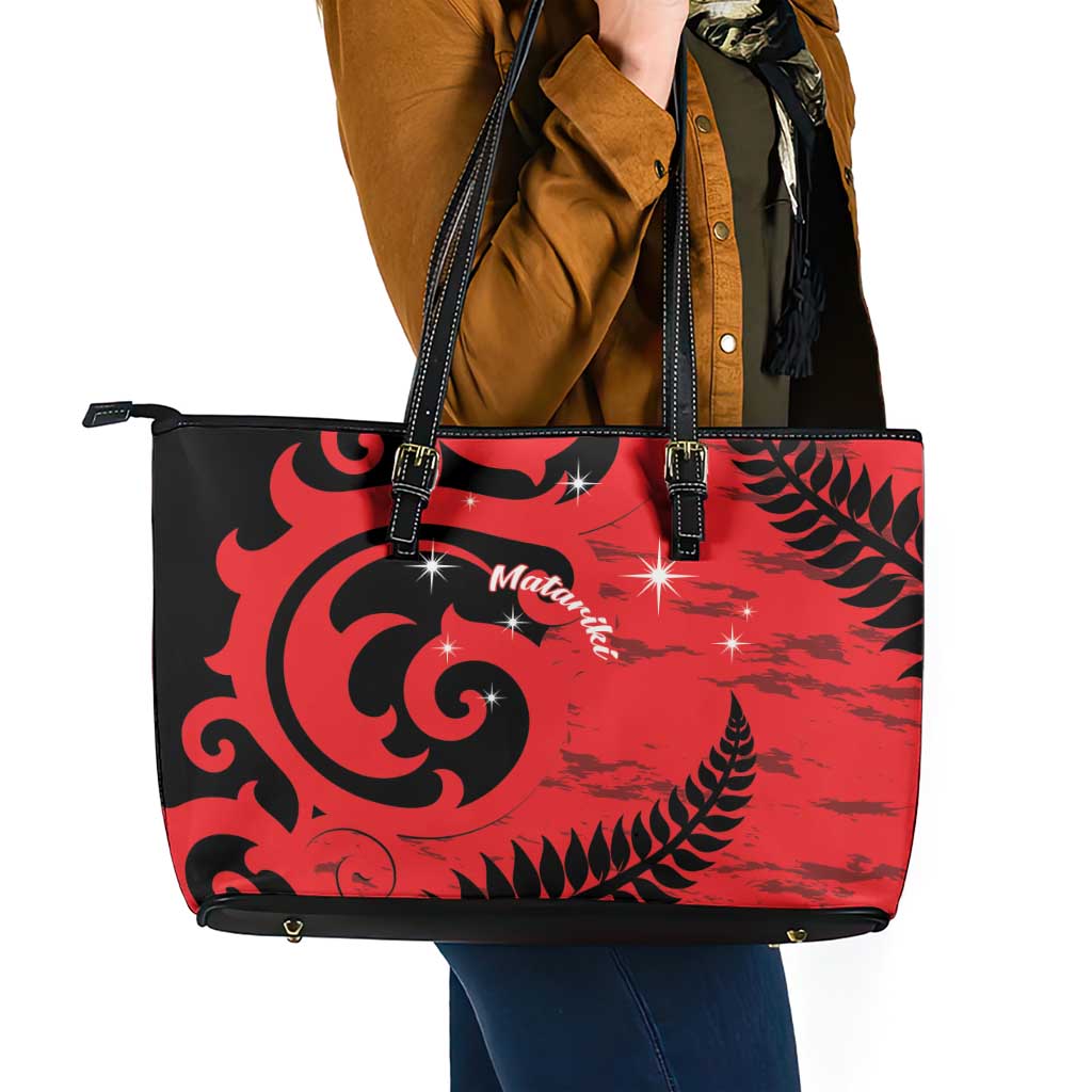 New Zealand Matariki Leather Tote Bag Maori New Year Koru Pattern LT22 - Polynesian Pride