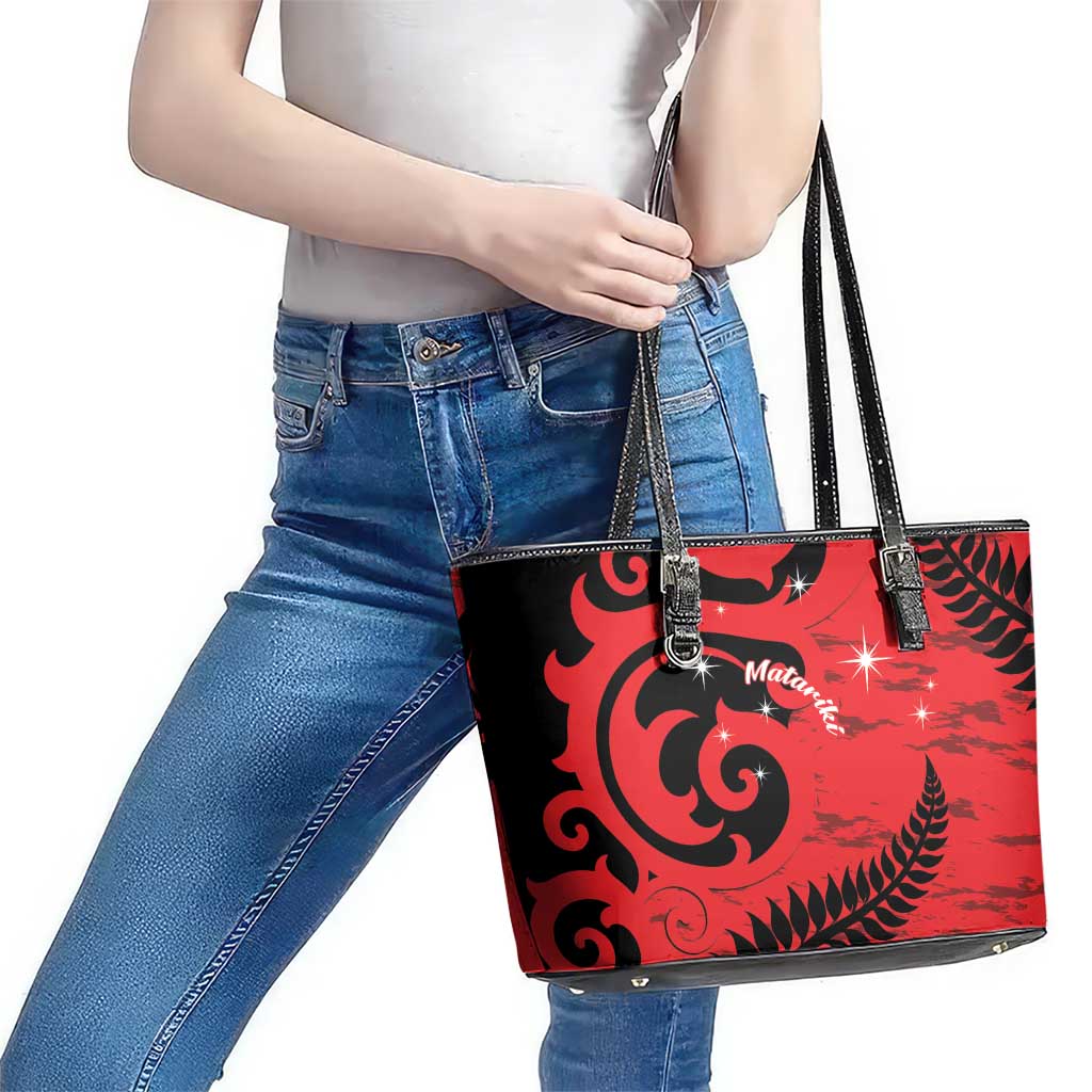 New Zealand Matariki Leather Tote Bag Maori New Year Koru Pattern LT22 - Polynesian Pride