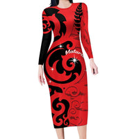 New Zealand Matariki Long Sleeve Bodycon Dress Maori New Year Koru Pattern LT22 Long Dress Red - Polynesian Pride