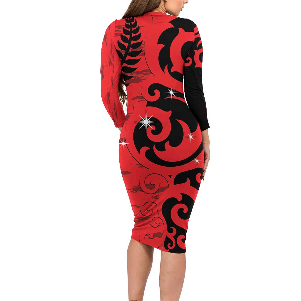 New Zealand Matariki Long Sleeve Bodycon Dress Maori New Year Koru Pattern LT22 - Polynesian Pride