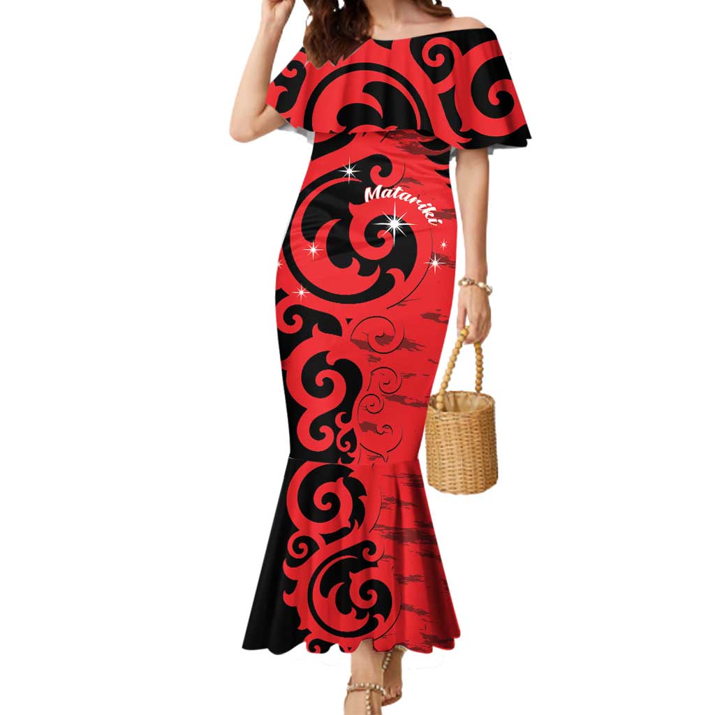 New Zealand Matariki Mermaid Dress Maori New Year Koru Pattern LT22 Women Red - Polynesian Pride