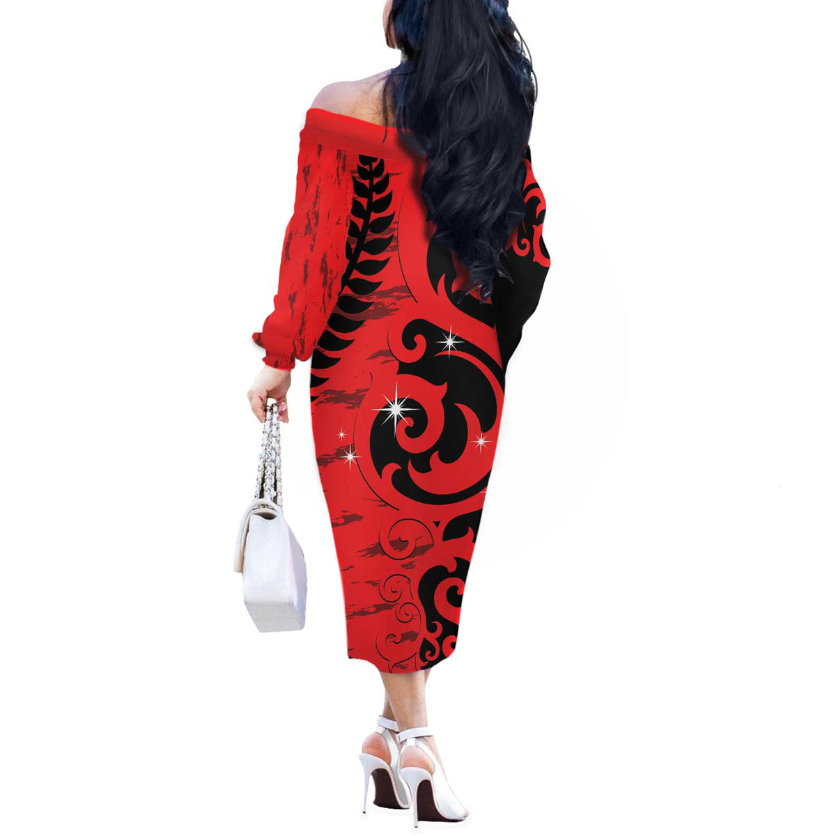 New Zealand Matariki Off The Shoulder Long Sleeve Dress Maori New Year Koru Pattern LT22 - Polynesian Pride
