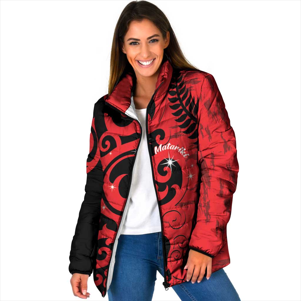 New Zealand Matariki Padded Jacket Maori New Year Koru Pattern LT22 Women Red - Polynesian Pride