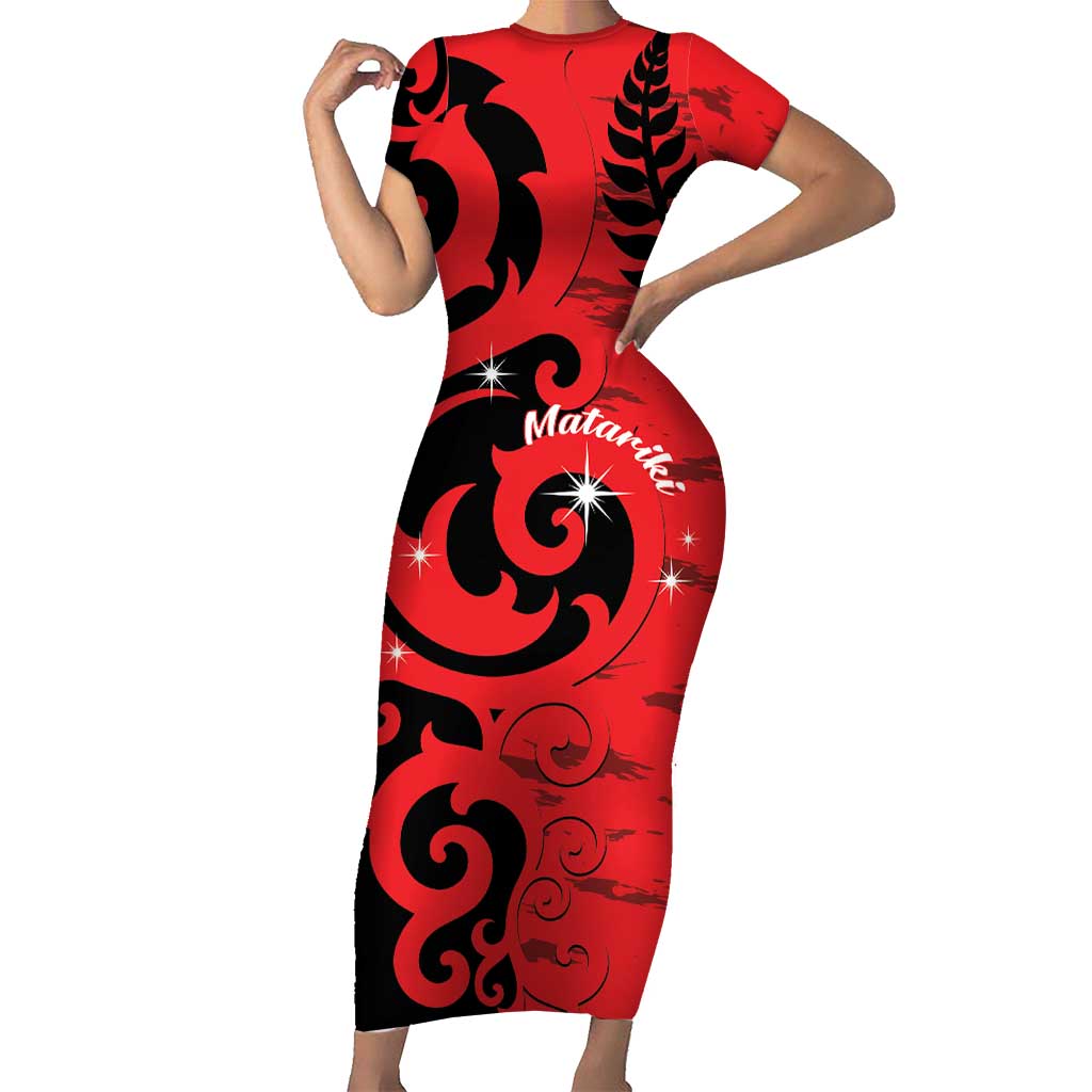 New Zealand Matariki Short Sleeve Bodycon Dress Maori New Year Koru Pattern LT22 Long Dress Red - Polynesian Pride