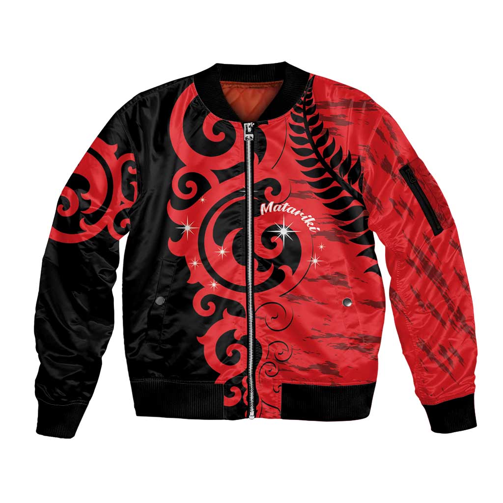 New Zealand Matariki Sleeve Zip Bomber Jacket Maori New Year Koru Pattern LT22 Unisex Red - Polynesian Pride