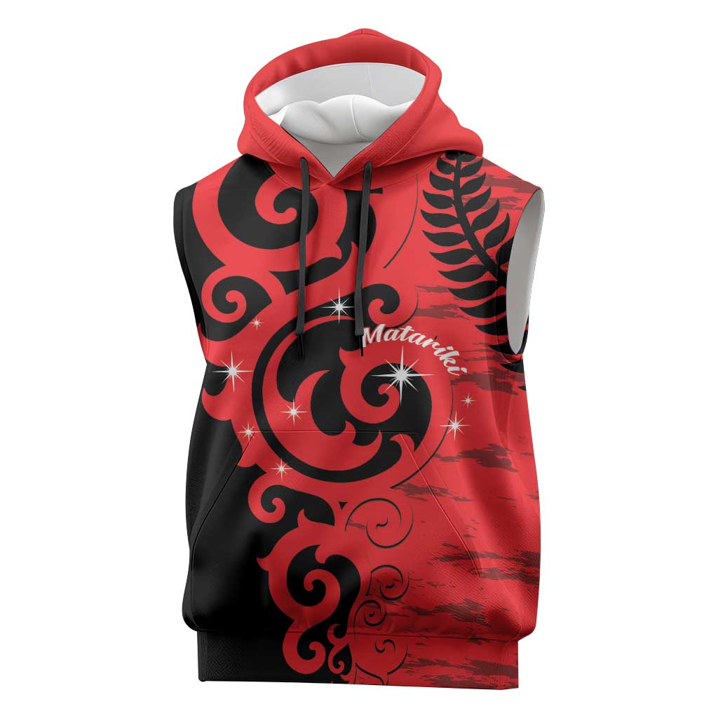 New Zealand Matariki Sleeveless Hoodie Maori New Year Koru Pattern LT22 Red - Polynesian Pride