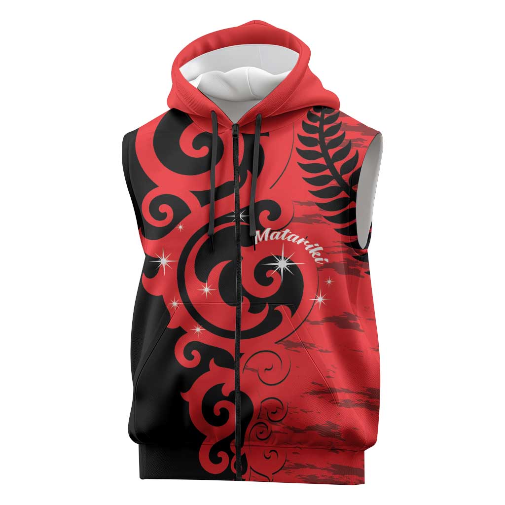 New Zealand Matariki Sleeveless Zip Hoodie Maori New Year Koru Pattern LT22 Red - Polynesian Pride
