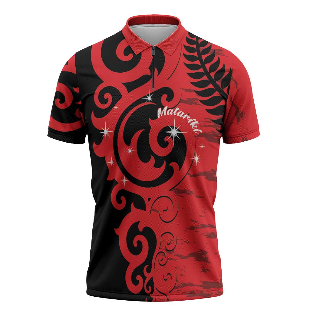 New Zealand Matariki Zipper Polo Shirt Maori New Year Koru Pattern LT22 Red - Polynesian Pride