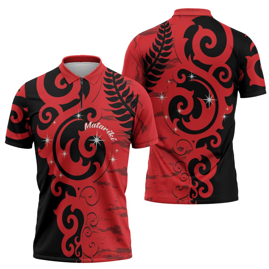 New Zealand Matariki Zipper Polo Shirt Maori New Year Koru Pattern LT22 - Polynesian Pride