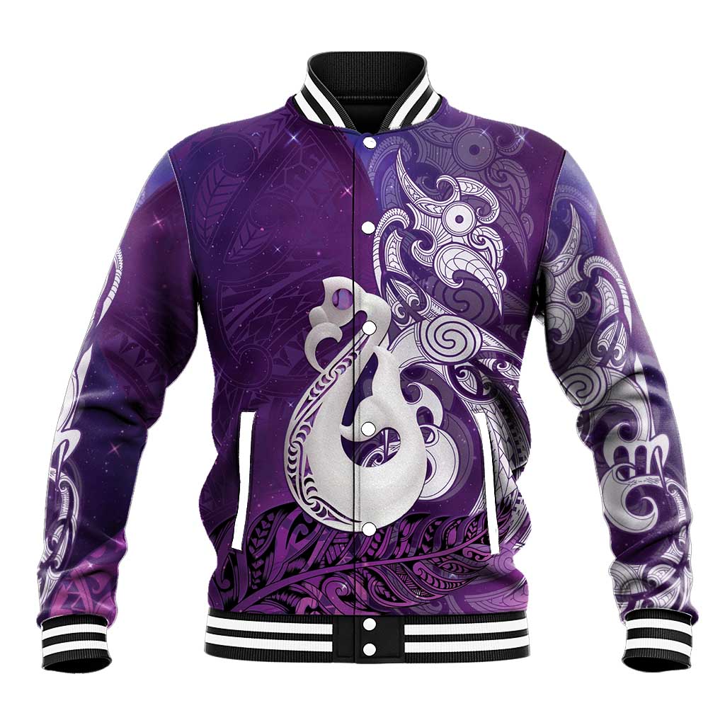 New Zealand Matariki Baseball Jacket Maori Manaia Galaxy Silver Fern Purple Color LT22 Unisex Purple - Polynesian Pride