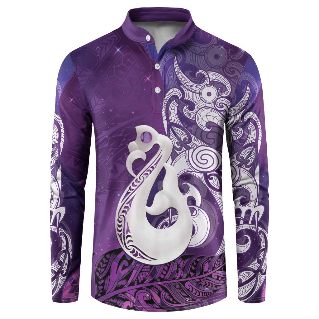 New Zealand Matariki Button Sweatshirt Maori Manaia Galaxy Silver Fern Purple Color LT22 Purple - Polynesian Pride